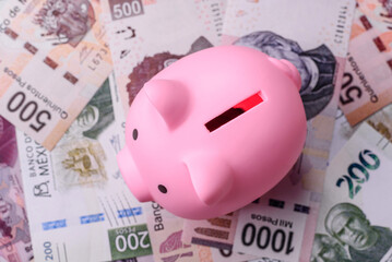 Money, Mexican currency, peso banknotes. Conceptual financial background