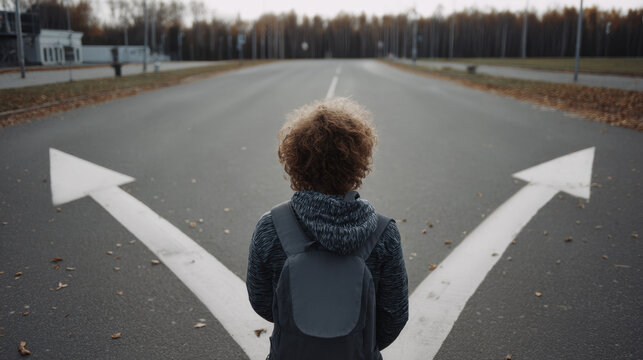 Child stands at a crossroads on a quiet road surrounded by trees in autumn embodying a moment of choice and contemplation during the late afternoon light