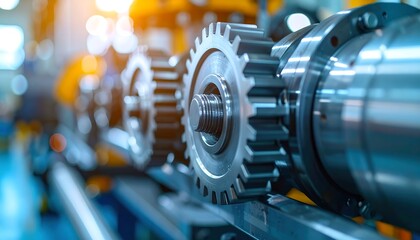Fototapeta premium Close Up Metallic Gears With Blue Lighting In Industrial Workshop Environment