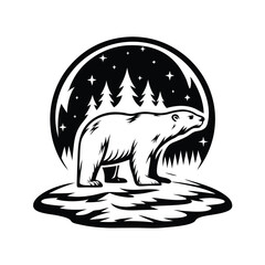 Elegant Polar Bear Silhouette, Trees, Stars, Wilderness Landscape, Black and White