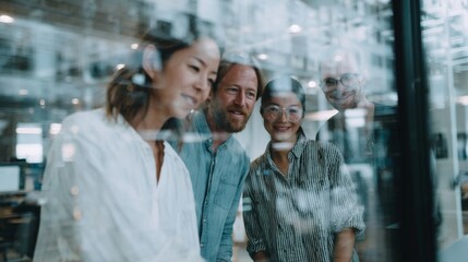 A diverse group of professionals works together in a modern office, their collaboration enhanced by a visually striking overlay of a futuristic city skyline