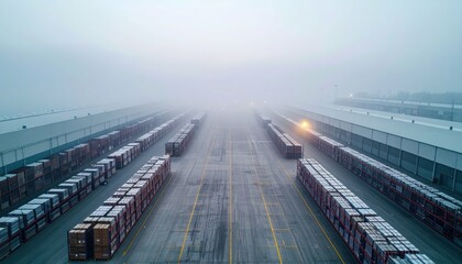Fototapeta premium Sprawling Shipping Depot with Pallet Racking in Rolling Fog