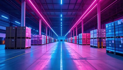 Sprawling Shipping Depot with Stacked Pallets and Neon Accents