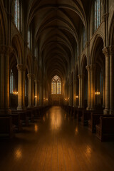 Fototapeta premium Majestic Gothic Cathedral Interior With Wooden Floor and Stone Columns Illuminated by Warm Light