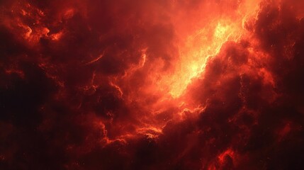 Dramatic sunset sky filled with billowing clouds illuminated in vibrant shades of orange,