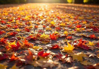 Fallen leaves in vibrant reds and yellows covering the ground.