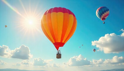 Naklejka premium Joyful hot air balloon ascension on a sunny birthday, vibrant colors, celebratory atmosphere , joy, travel
