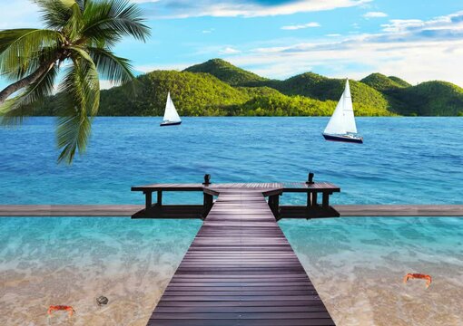An animated motion graphic illustration about the sea with waves crashing onto the sandy beach. A fishing bridge extending into the sea, and crabs are walking. An island in the sea with coconut trees 