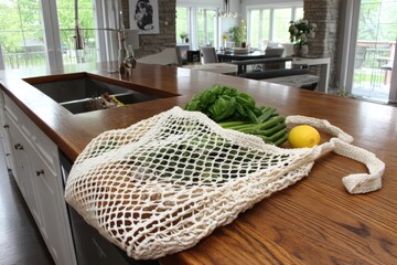 A reusable mesh bag filled with fresh vegetables and a lemon rests on a wooden kitchen countertop in a bright, modern home.