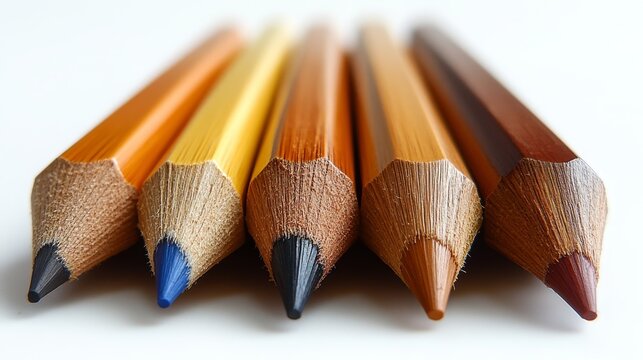Close-up of colorful wooden crayons arranged in a stack on white background. - Powered by Adobe