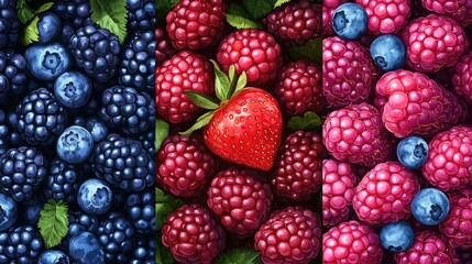 A vibrant illustration featuring three sections of assorted fruits: on the left, a whole strawberry with green leaves,