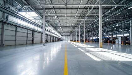 Obraz premium Spacious Sterile Automated Warehouse with Industrial Lighting and Sun