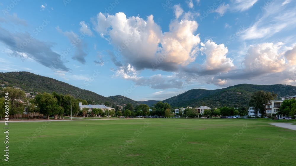 Poster a lush polo field with rolling hills and golden-hour light creates a serene setting ideal for outdoo