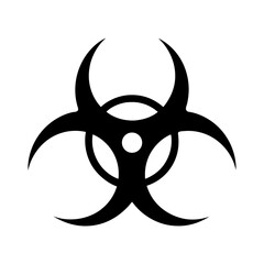 Black and white illustration of the biohazard symbol on a white background