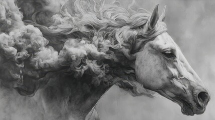A dynamic grayscale drawing of a galloping horse.