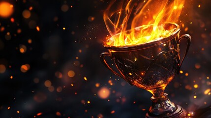 A golden trophy with ornate detailing sits on a black pedestal,