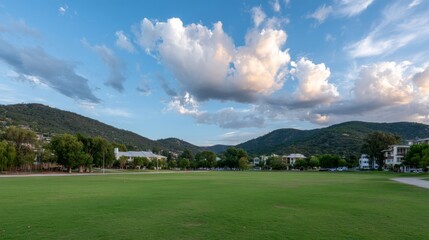 A lush polo field with rolling hills and golden-hour light creates a serene setting ideal for outdoor activities