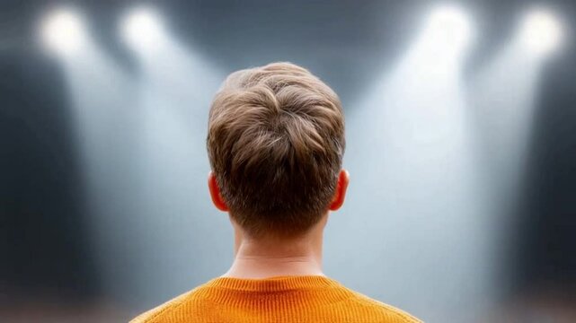 Under the Spotlight: Capturing the essence of anticipation and focus, the image showcases the back of an individual bathed in the bright glare of stage lights, evoking a sense of expectation. 