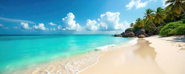 Sun-drenched Indian Ocean seascape, turquoise waters lapping a pristine sandy beach, dramatic sky Perfect for travel, vacation, and nature themes , tropical, beautiful, beach