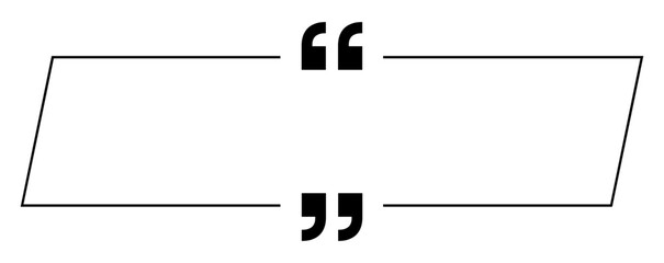 Diagonal speech balloon with rectangular shape, black offset outline and two quotation marks inside.