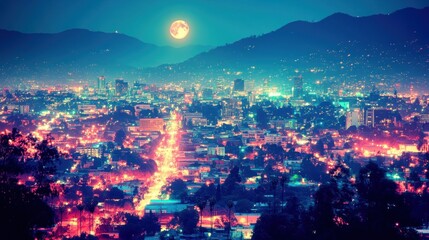 Fototapeta premium Night city lights, full moon, mountain backdrop