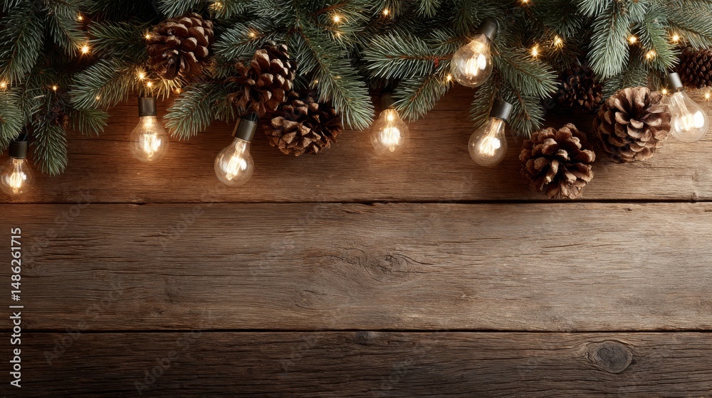 Poster a wide shot captures a high-angle view of evergreen twigs and pinecones on a wooden surface, softly 