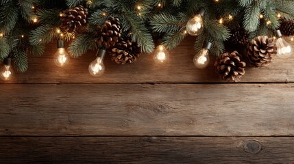 A wide shot captures a high-angle view of evergreen twigs and pinecones on a wooden surface, softly glowing with festive lights, creating a warm holiday atmosphere