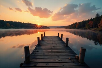 Fototapeta premium Rustic wooden hunting dock extending over calm lake at sunrise , clouds, nature, environment