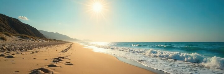 Obraz premium A single sunbeam illuminates a deserted sandy beach, waves gently lapping the shore The scene is peaceful and evokes the warmth and quiet solitude of summer , quiet, serene