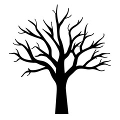 Silhouette of a bare tree with stark branches against white background