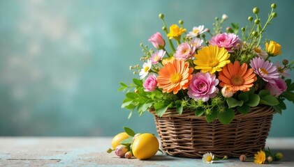 Vibrant Easter bunch of colorful spring flowers and greenery in a rustic basket , holiday, pastel, bright
