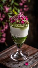 Artistic Matcha Tiramisu in Glass with Edible Flowers and Minimalist Design