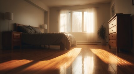 Early morning light filters through sheer curtains in a minimalist bedroom, casting gentle shadows and illuminating floating dust particles in a peaceful setting