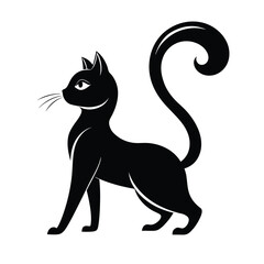Decorative Black Cat Silhouette. Stylized Pet with Arched Tail on White Background