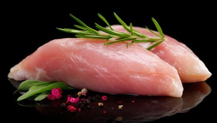 Raw chicken breasts with herbs on black background.