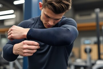 Young man adjusting athletic sleeve while training in gym  