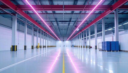 Fototapeta premium Sterile Fulfillment Center Interior with Overhead Cranes and Neon Lighting