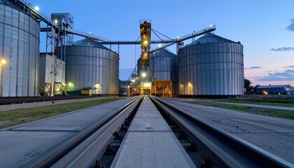 Obraz premium Dusk Scene of Sterile Grain Silos and Conveyors in Industrial Setting
