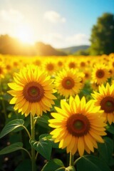A vibrant field of sunflowers basking in the warm glow of summer sunshine, their golden faces turned towards the light Perfect for summer, nature, and happiness themes , color, scenery