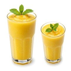 Fototapeta premium bright yellow mango smoothie with mint garnish, side and top views, soft natural shadow, advertising quality , isolated on white background
