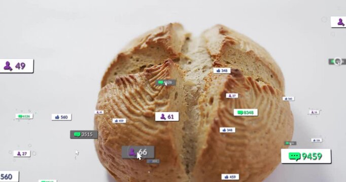 Artisan loaf floating under digital metrics overlay showing thumbs-up, comments, follower counts