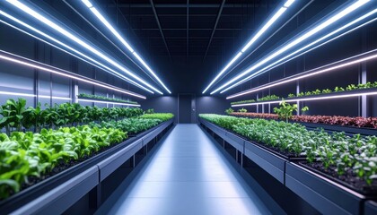Futuristic office features advanced indoor farming with lush greenery and modern lighting.