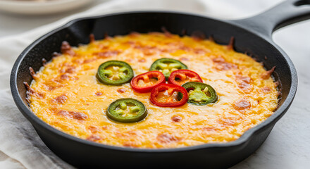 Baking cheesy dip with pepper slices in cast iron skillet