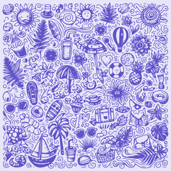 Naklejka premium Playful summer beach pattern with tropical motifs, bright colors, and seamless repeat design 