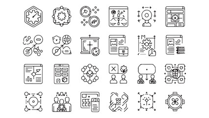 This set of vector icons provides a seamless illustration of business design elements and web symbols, featuring a black sketch pattern with a vintage, decorative circle and gear icons