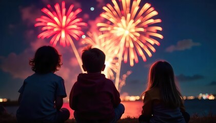 Excited children watching a vibrant firework display at night, sparks flying , children, festive