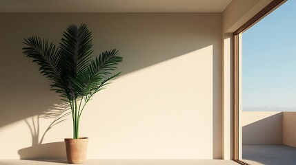 Fototapeta premium Minimalist interior design: potted plant near window with natural light, emphasizing modern home decor and serene atmosphere.