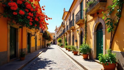 Fototapeta premium Sun-drenched Seville streets, vibrant orange blossoms, intricate tilework on historic buildings A classic Andalusian scene, capturing the essence of southern Spain's beauty , orange, alleyway, facade
