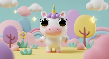 Fototapeta premium Cartoon Unicorn Standing in Whimsical Landscape Scene