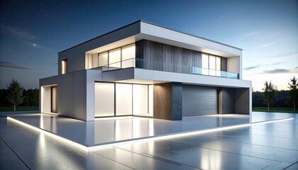 Sleek architectural masterpiece stands out under twilight, highlighting glass and modern materials.